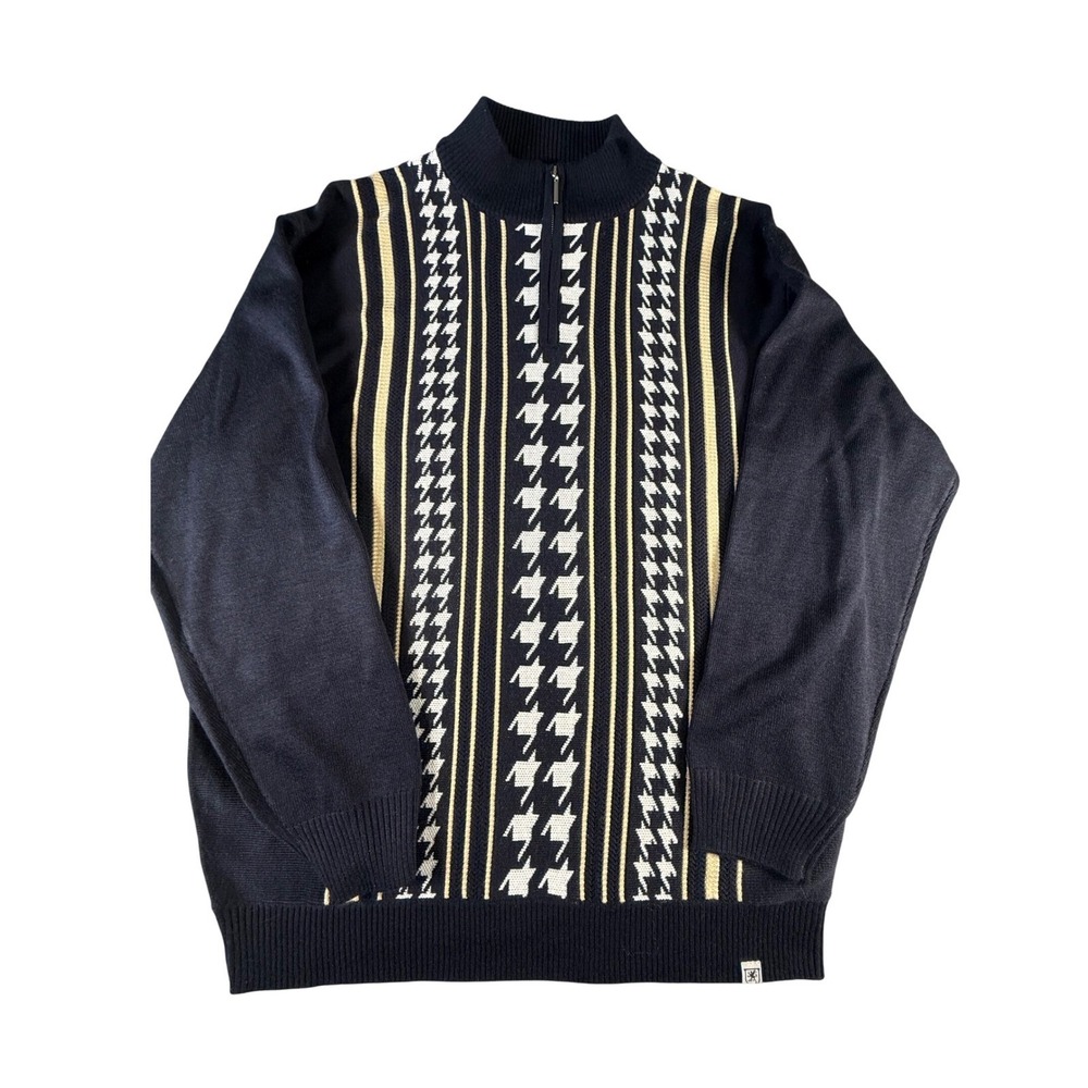 Vintage Stacy Adams Mens Quarter Zip‎ Sweater Knit Houndstooth Stripe Navy XXL
